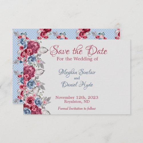 Dusty Blue and Deep Burgundy Floral Save The Date