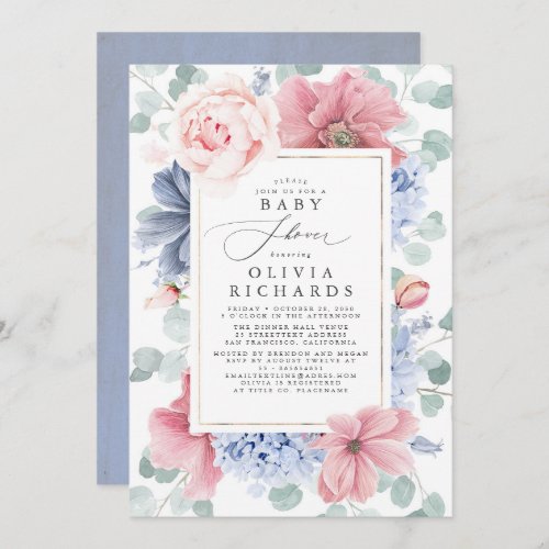 Dusty Blue and Dusty Pink Floral Baby Shower Invitation