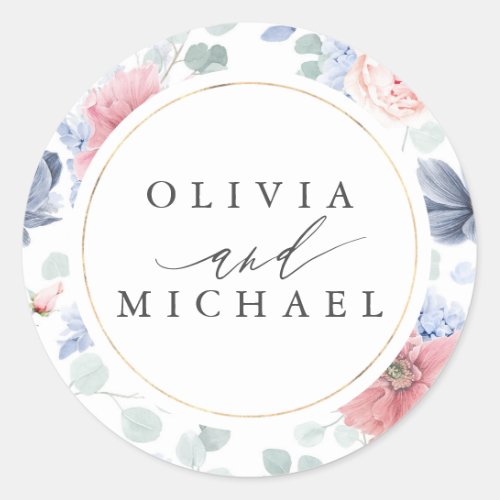 Dusty Blue and Dusty Pink Floral Elegant Wedding Classic Round Sticker