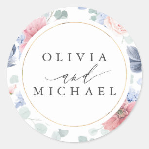 Dusty Blue and Dusty Pink Floral Elegant Wedding Classic Round Sticker