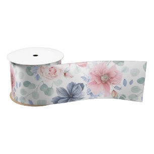 Dusty Blue and Dusty Rose Floral Botanical Pattern Satin Ribbon
