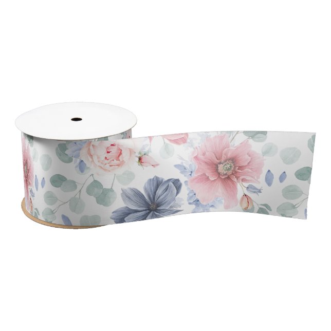 Dusty Blue and Dusty Rose Floral Botanical Pattern Satin Ribbon (Spool)