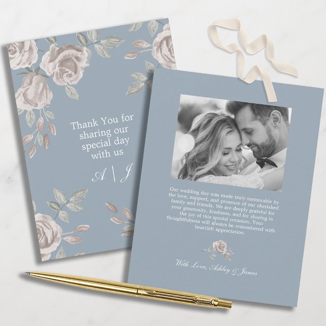 Dusty Blue and Dusty Rose Floral Wedding Thank You Card (Creator Uploaded)