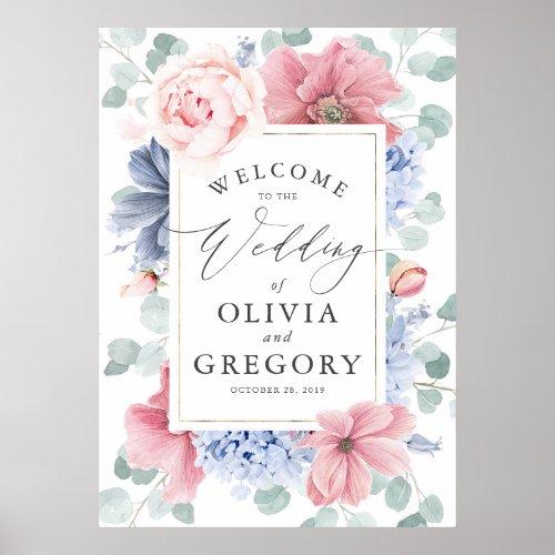 Dusty Blue and Dusty Rose Floral Wedding Welcome Poster
