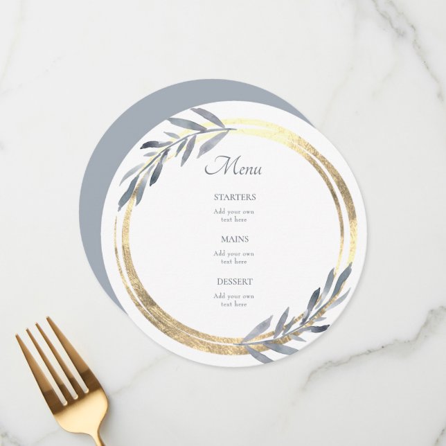 dusty blue and faux gold elegant Menu (Front/Back In Situ)