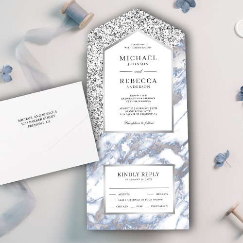 Dusty Blue and Faux Silver Glitter Marble Wedding All In One Invitation