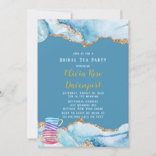 Dusty Blue and Gold Agate Bridal Tea Party Invitation