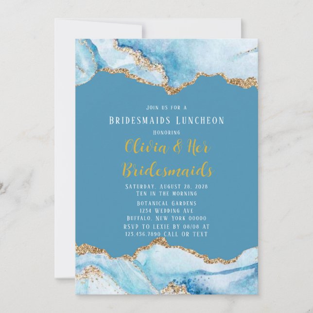 Dusty Blue and Gold Agate Bridesmaids Luncheon Invitation (Front)