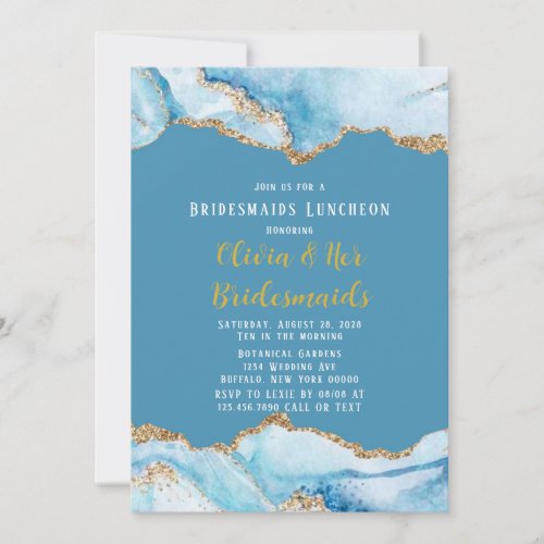 Dusty Blue and Gold Agate Bridesmaids Luncheon Invitation