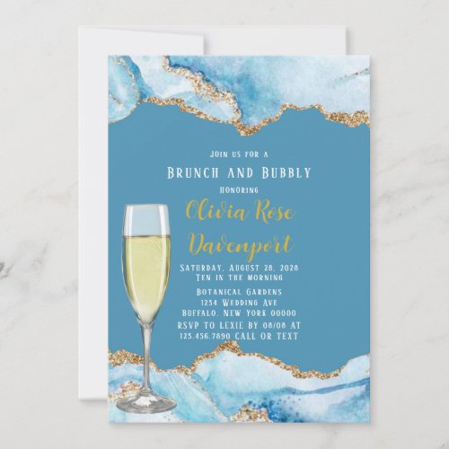 Dusty Blue and Gold Agate Brunch and Bubbly Invitation