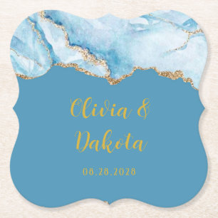 Dusty Blue and Gold Agate Custom Wedding Paper Coaster