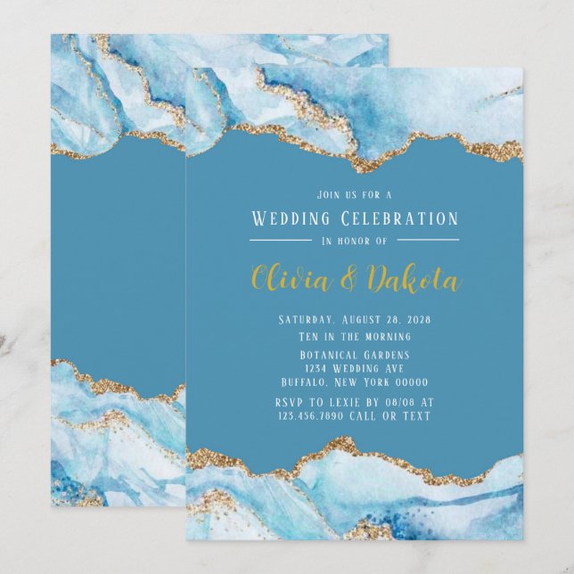 Dusty Blue and Gold Agate Elegant Wedding Invitation (Front/Back)