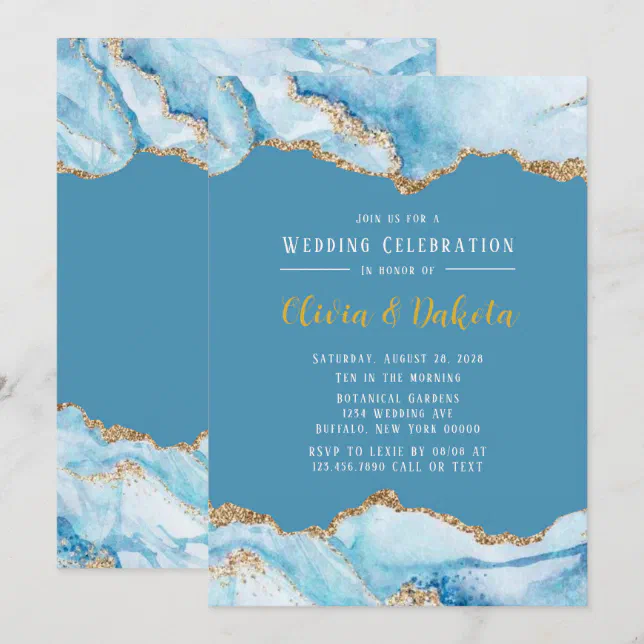 Dusty Blue and Gold Agate Elegant Wedding Invitation | Zazzle