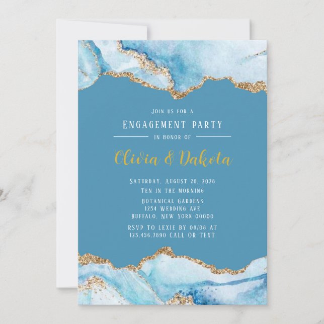 Dusty Blue and Gold Agate Engagement Party Invitation (Front)