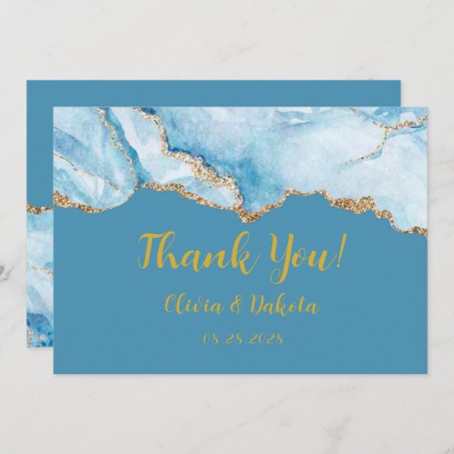 Dusty Blue and Gold Agate Wedding Thank You Cards