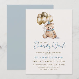 Dusty Blue and Gold Bearly Wait Bear Baby Shower Invitation