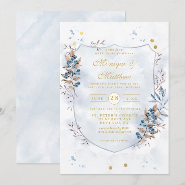 Dusty Blue and Gold Blueberries Shield Wedding Invitation (Front/Back)