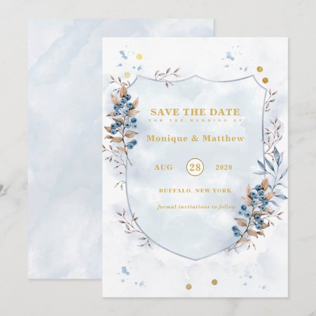 Dusty Blue and Gold Blueberry Save The Date Cards (Front/Back)