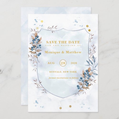 Dusty Blue and Gold Blueberry Save The Date Cards