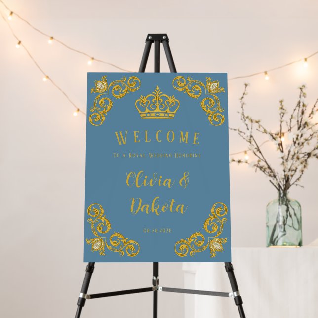 Dusty Blue and Gold Crown Royal Wedding Sign (In Situ (Stand))