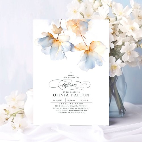 Dusty Blue and Gold Elegant Ethereal Baptism Invitation