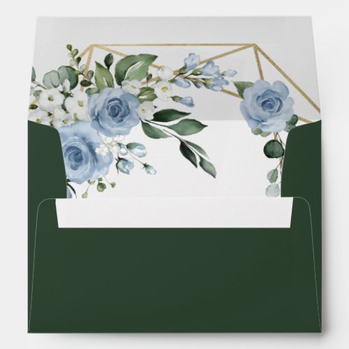 Dusty Blue and Gold Elegant Floral Green Wedding Envelope