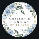 Dusty Blue and Gold Elegant Floral Rustic Wedding Classic Round Sticker<br><div class="desc">Design (inside) features an elegant geometric gold colored (printed) frame decorated in watercolor roses, peonies, hydrangea, baby's breath and more over various types of greenery branches and leaves. The dusty blue is designed to feature various shades of the color within the flowers to match the variety of shades of this...</div>
