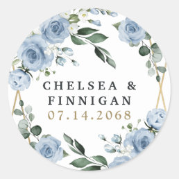 Dusty Blue and Gold Elegant Floral Rustic Wedding Classic Round Sticker