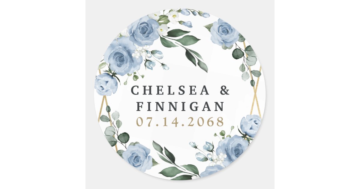 Dusty Blue And Gold Elegant Floral Rustic Wedding Classic Round Sticker Zazzle