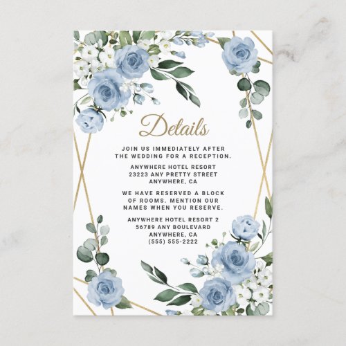 Dusty Blue and Gold Elegant Floral Rustic Wedding Enclosure Card