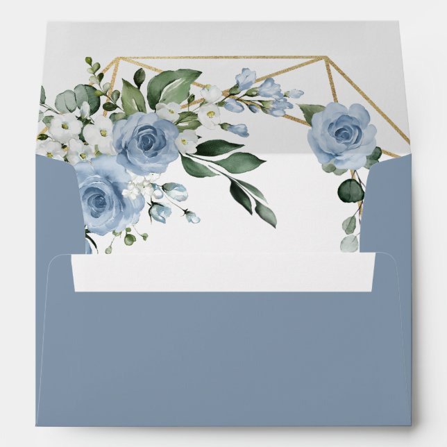 Dusty Blue and Gold Elegant Floral Rustic Wedding Envelope (Back (Bottom))
