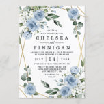 Dusty Blue and Gold Elegant Floral Rustic Wedding Invitation<br><div class="desc">Design features an elegant geometric gold colored (printed) frame decorated in watercolor roses, peonies, hydrangea, baby's breath and more over various types of greenery branches and leaves. The dusty blue is designed to feature various shades of the color within the flowers to match the variety of shades of this color...</div>