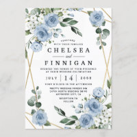 Dusty Blue and Gold Elegant Floral Rustic Wedding Invitation
