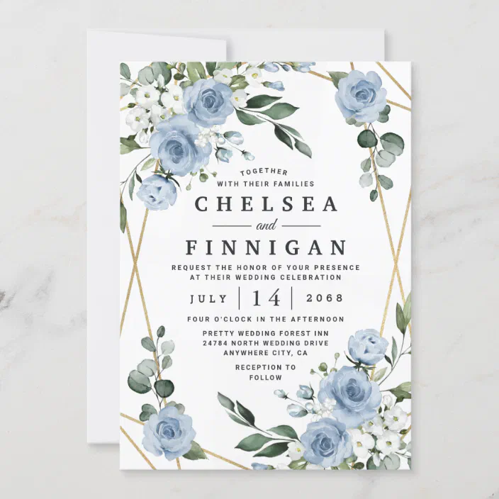 10 Wedding Invitations Day/Evening Blue Floral Watercolour Rose Leaves 