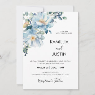 Dusty Blue and Gold Elegant Floral Rustic Wedding Invitation