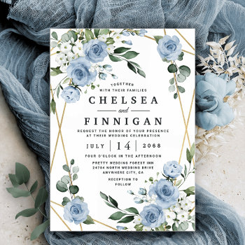 Dusty Blue And Gold Elegant Floral Rustic Wedding Invitation by RusticWeddings at Zazzle