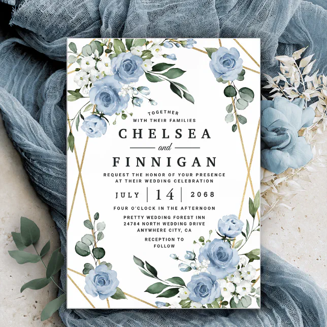 Dusty Blue and Gold Elegant Floral Rustic Wedding Invitation | Zazzle