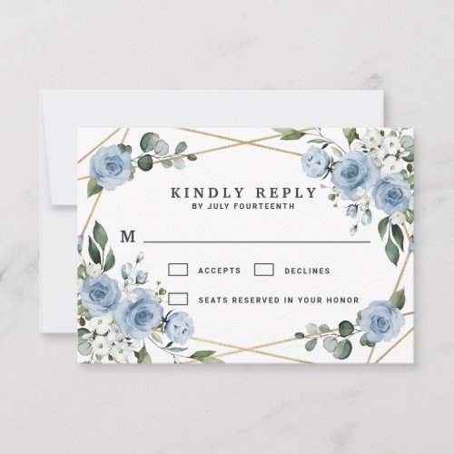 Dusty Blue and Gold Elegant Floral Rustic Wedding RSVP Card