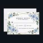 Dusty Blue and Gold Elegant Floral Rustic Wedding RSVP Card<br><div class="desc">Design features an elegant geometric gold colored (printed) frame decorated in watercolor roses, peonies, hydrangea, baby's breath and more over various types of greenery branches and leaves. The dusty blue is designed to feature various shades of the color within the flowers to match the variety of shades of this color...</div>