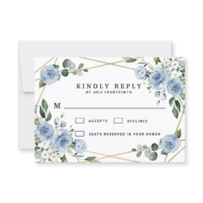 Dusty Blue and Gold Elegant Floral Rustic Wedding RSVP Card