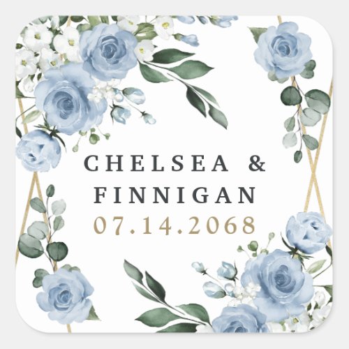 Dusty Blue and Gold Elegant Floral Rustic Wedding Square Sticker