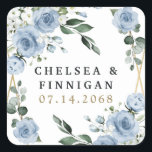 Dusty Blue and Gold Elegant Floral Rustic Wedding Square Sticker<br><div class="desc">Design features an elegant geometric gold colored (printed) frame decorated in watercolor roses, peonies, hydrangea, baby's breath and more over various types of greenery branches and leaves. The dusty blue is designed to feature various shades of the color within the flowers to match the variety of shades of this color...</div>