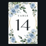Dusty Blue and Gold Elegant Floral Rustic Wedding Table Number<br><div class="desc">Design features an elegant geometric gold colored (printed) frame decorated in watercolor roses, peonies, hydrangea, baby's breath and more over various types of greenery branches and leaves. The dusty blue is designed to feature various shades of the color within the flowers to match the variety of shades of this color...</div>