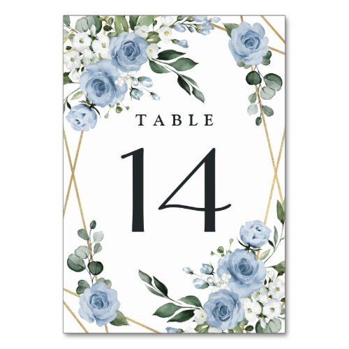 Dusty Blue and Gold Elegant Floral Rustic Wedding Table Number