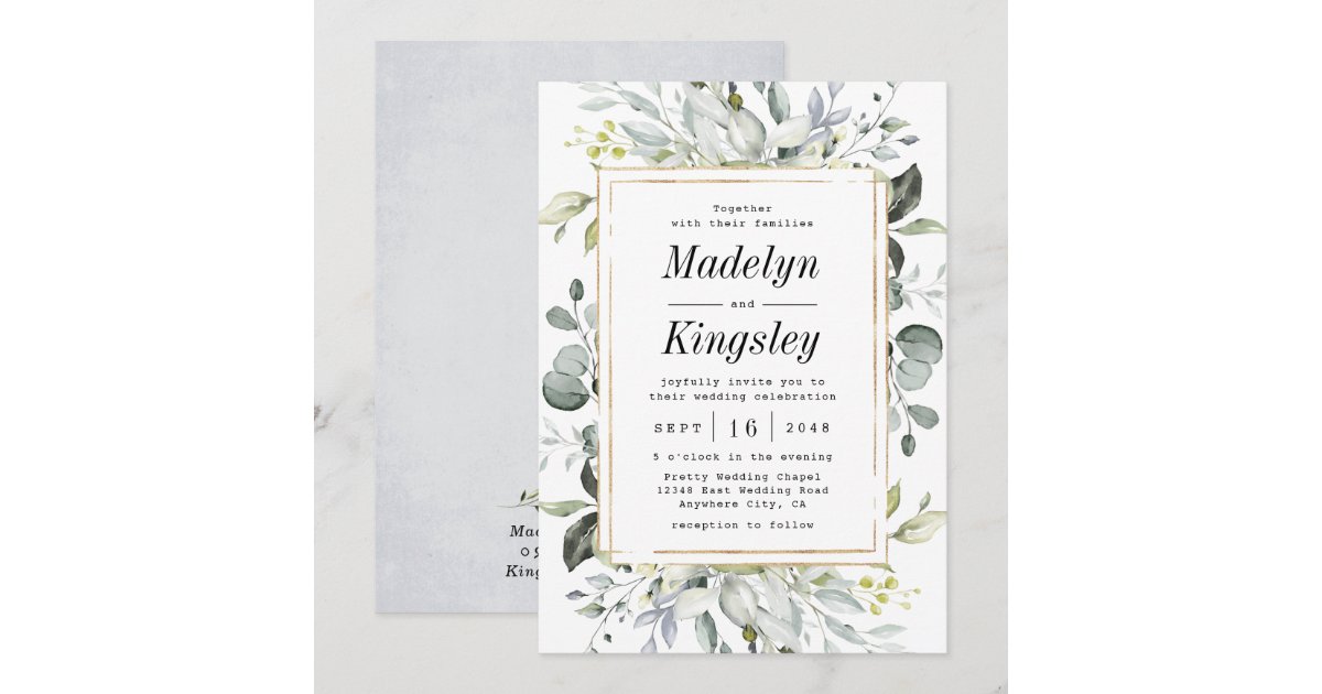 Dusty Blue and Gold Elegant Rustic Floral Wedding Invitation | Zazzle