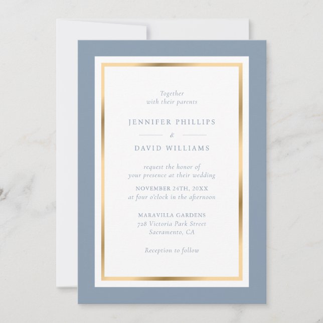 Dusty Blue and Gold Elegant Wedding Invitation (Front)