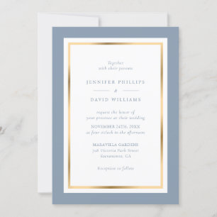 Dusty Blue and Gold Elegant Wedding Invitation