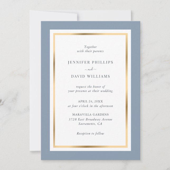 Dusty Blue and Gold Elegant Wedding Invitation (Front)