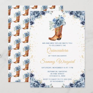 Dusty Blue and Gold Floral Cowboy Boot Quinceañera Invitation