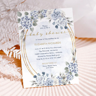 Dusty Blue and Gold Floral   Elegant Baby Shower Invitation